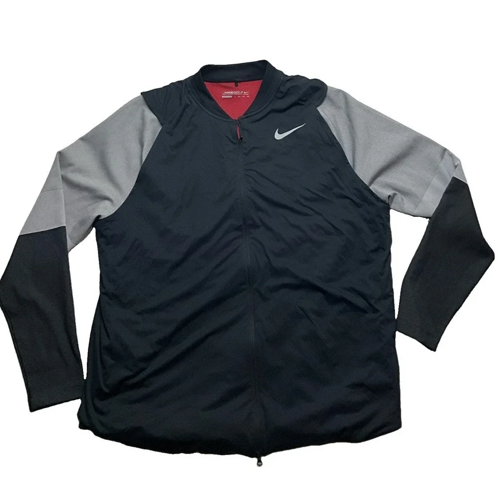 Nike Golf Jacket Mens XXL Black Gray Full Zip Windbreaker Lightweight Mock Neck